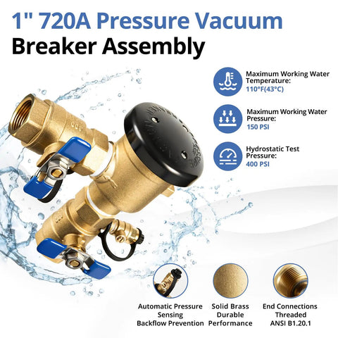 One Inch Solid Brass Backflow Preventer Valve For Lawn Irrigation And Garden Sprinklers Built To Last Vacuum Breaker Assembly Up To 400 PSI Heavy Duty Commercial Water System Fitting with blue handles and water splash background