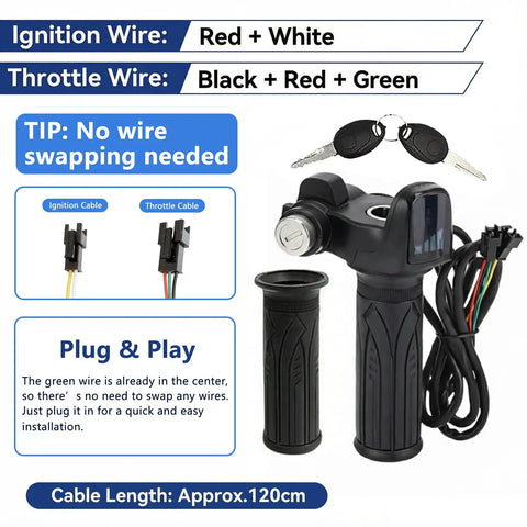 Electronic Throttle Grip Handlebar For Q20 Pro E Bike, Full Twist Throttle, 48V With LED Battery Display, Key Lock, Plug And Play, Universal Electric Bike Throttle Grip For E Bikes, Scooters And Motorcycles