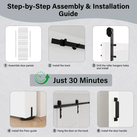 Step-by-step installation guide for 36X84 White Tempered Glass Sliding Barn Door with hardware kit for easy setup.