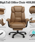 Front view of 160 Degree Reclining Office Chair With Footrest For Big And Tall Comfort Leather High Back Computer Desk Chair With Cross Legged Seat Armrests And Smooth Wheels For All Day Comfort Brown, showcasing features like thickened cushion and heavy-duty metal base.