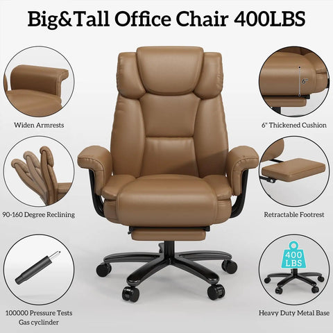Front view of 160 Degree Reclining Office Chair With Footrest For Big And Tall Comfort Leather High Back Computer Desk Chair With Cross Legged Seat Armrests And Smooth Wheels For All Day Comfort Brown, showcasing features like thickened cushion and heavy-duty metal base.