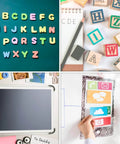 Collage of alphabet letters, wooden blocks, tablet with photos, and hand holding phone icons.