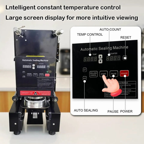 Ultra Fast Fully Automatic Cup Sealer Machine With 90 To 95mm Cups Digital LCD Control Panel showing buttons and display