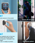 Wireless Door Chime Alarm When Door Opens For Kids Safety At Home Or Business, No Hassle Install Toddler Exit Alert, Elderly Dementia Care, Reliable Home Security System For Doors. Wireless door chime receiver and magnetic sensor on door, shown on hands and doorway.