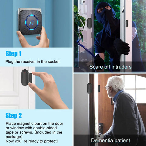 Wireless Door Chime Alarm When Door Opens For Kids Safety At Home Or Business, No Hassle Install Toddler Exit Alert, Elderly Dementia Care, Reliable Home Security System For Doors. Wireless door chime receiver and magnetic sensor on door, shown on hands and doorway.