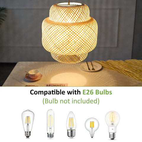 Hand Woven Boho Bamboo Pendant Light With Rattan Coastal Charm illuminating a dining space, compatible with E26 bulbs