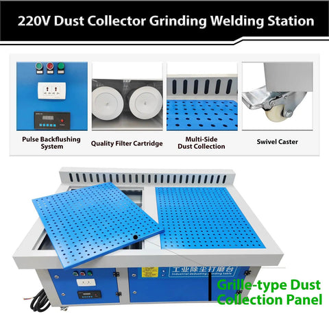 Heavy Duty Metalworking Downdraft Table Dust Collector With Multi Side Suction Panels For Shop Debris That Knocks Out Fine Dust Easy And Runs Super Smooth with blue perforated surface and control panel.