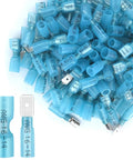 Heavy Duty Top Shelf 100 Piece Kit Of Fully Insulated Heat Shrink Spade Connectors For 16 To 14 Awg Female Male Electrical Wire Crimp Terminals With Waterproof Copper Contacts For Straight Up No Hassle Wiring Jobs in blue.