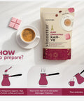 Packaging of Ruby Chocolate Instant Turkish Coffee Blend With Fruity Creaminess For Bold Mornings, 165g bag next to cup and cezve instructions.