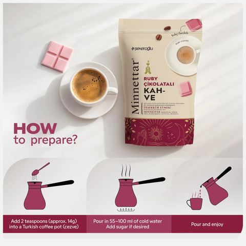 Packaging of Ruby Chocolate Instant Turkish Coffee Blend With Fruity Creaminess For Bold Mornings, 165g bag next to cup and cezve instructions.
