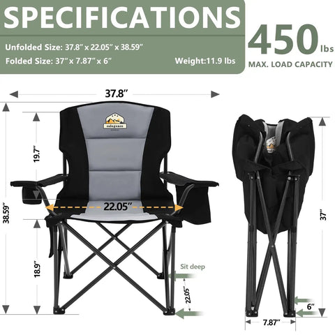 Heavy Duty Camping Chair 2 Pack With 450 Lb Capacity Wide Foldable Camp Chairs With Carry Bag Built In Cooler And Cup Holder Perfect For Outdoor Fun On The Lawn Sports Tailgating Baseball And Soccer with dimensions.