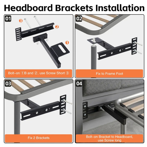 Heavy Duty Adjustable Headboard Brackets For Bed Frame With Complete Hardware Set Black metal connectors shown in installation steps.