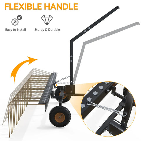 60 Inch Tow Behind Pine Needle Rake For Lawn Mowers, ATVs, And Tractors With 24 Tines, durable black and gold design, flexible handle