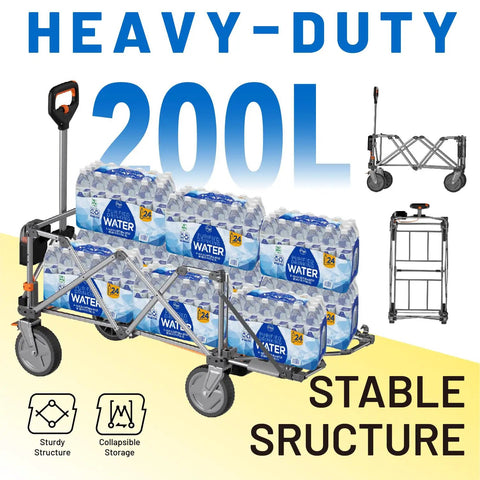 Electric Wagon Cart With Dual Battery Power All Terrain Wheels And Variable Speed Control 200L Capacity Heavy Duty Utility Wagon loaded with water bottles showing stable structure.
