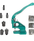Heavy Duty Hand Press Eyelet Grommet Kit with three interchangeable dies and 1500 silver grommets, durable cast-iron press shown.
