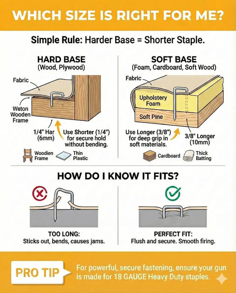 Infographic explaining staple size for upholstery; highlights 1/4 and 3/8 inch for hard and soft bases.