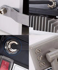 Close-up details of JUDYSSY Home Led Floodlight showing aluminum housing, infrared sensor, and control buttons for outdoor use.
