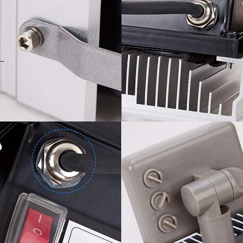 Close-up details of JUDYSSY Home Led Floodlight showing aluminum housing, infrared sensor, and control buttons for outdoor use.
