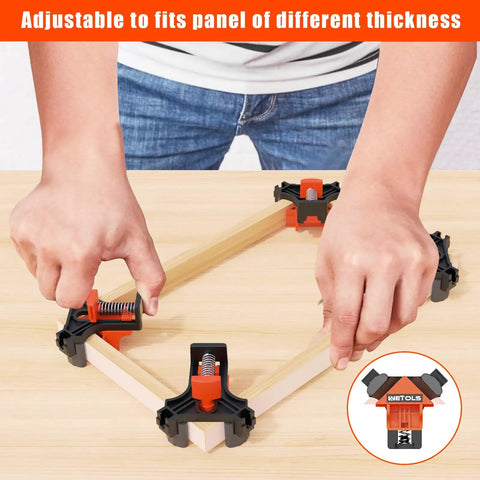 Person using Corner Clamp for Woodworking 90 Degree Right Angle Clamp Set Four Pack Adjustable Spring Loaded Wood Clamps