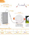 Ultra Thin 3 Inch LED Recessed Light Canless Wafer Downlight IC Rated 8W CRI90 dimensions diagram with installation guide