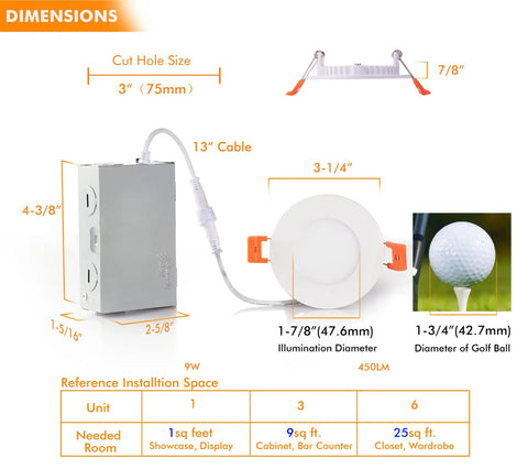 Ultra Thin 3 Inch LED Recessed Light Canless Wafer Downlight IC Rated 8W CRI90 dimensions diagram with installation guide