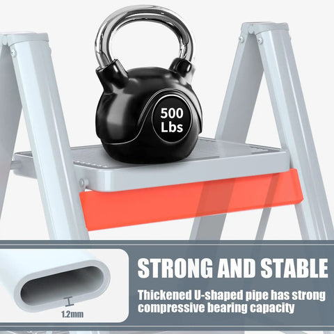 2 Step Folding Step Stool With Wide Anti Slip Pedals Heavy Duty Steel Ladder For Kitchen And Home Rust Resistant U Shape Tubes Compact 1.77 Inch Thick Fold 500 Lb Capacity Sturdy Portable Home Ladder with 500 lbs weight test