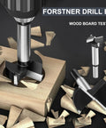 Heavy Duty Six Piece Forstner Drill Bit Set With Hex Shank And Tungsten Carbide Tips For Precision Wood Hole Cutting In 40 To 80 Millimeter Ranges built into a wood board, showing clean hole cutting in action.