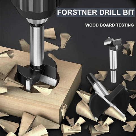 Heavy Duty Six Piece Forstner Drill Bit Set With Hex Shank And Tungsten Carbide Tips For Precision Wood Hole Cutting In 40 To 80 Millimeter Ranges built into a wood board, showing clean hole cutting in action.