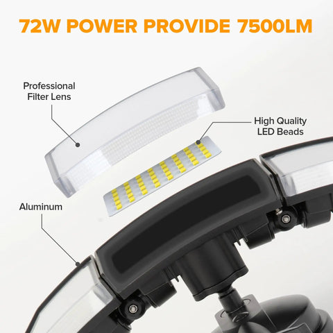 Heavy Hitting Three Head Led Security Flood Light 72W 7500 Lumens Keeps Your Place Guarded With Broad Motion Detection IP65 Weatherproof Dusk Till Dawn Auto Trigger Outdoor Lighting