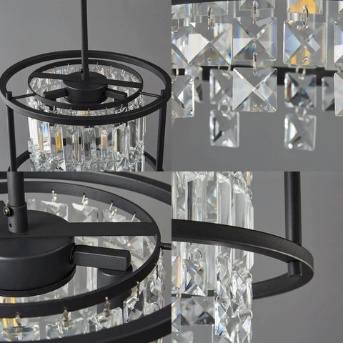 Dope Modern Black Crystal Chandelier For Foyer And Kitchen Island, Round Adjustable Height Pendant Light Fixture close-up view