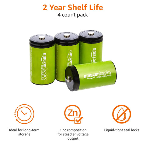 Heavy Duty Four Pack Rechargeable D Cell Batteries Featuring 10000 Mah Ni Mh Chemistry Pre Charged And Ready To Roll, 4 units in green.