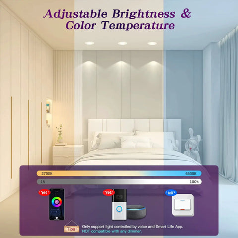 6 Inch Smart Recessed LED Can Lights 13W 1350LM RGBWW Retrofit WiFi Downlights Dimmable Voice And App Control Works With Alexa And Google Assistant 4 Pack
