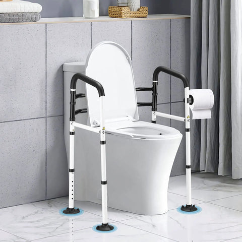 Universal Toilet Safety Rail Grab Bar With Non Slip Suction Cups And Paper Towel Rack Adjustable Height