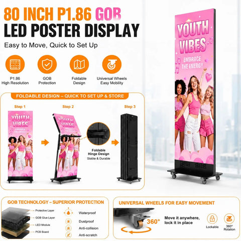 Sleek Eighty Inch Led Poster With P1.86 Razor Sharp Resolution And Rugged Flight Case For Event Rentals Weddings And Commercial Displays Where Plug And Play Setup Goes Hard On Any Venue Floor, showing foldable design and wheels.