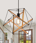 Dope Black Geometric Art Deco Pendant Light With Wood Accents Modern Industrial Hanging Fixture For Dining Room Or Kitchen Island Easy Assemble UL Listed Chandelier