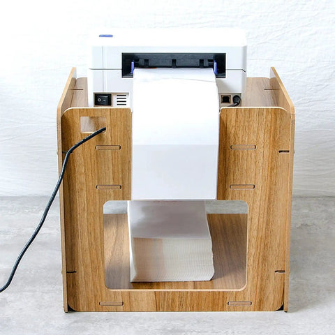 Heavy Duty Wooden Printer Stand For Desktop Slick Two Tier Workspace Organizer With Paper File Storage Eco Friendly Desk Riser showing printer and paper.