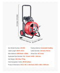 Heavy Duty Automatic Feed Drain Cleaner Machine With One Hundred Foot By Three Quarter Inch Kink Free Steel Sewer Snake Auger dimensions and specifications.
