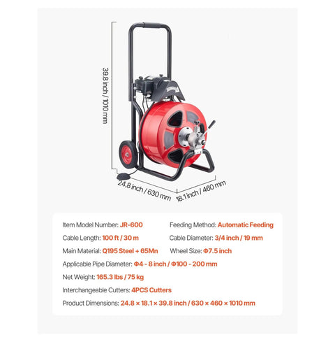 Heavy Duty Automatic Feed Drain Cleaner Machine With One Hundred Foot By Three Quarter Inch Kink Free Steel Sewer Snake Auger dimensions and specifications.