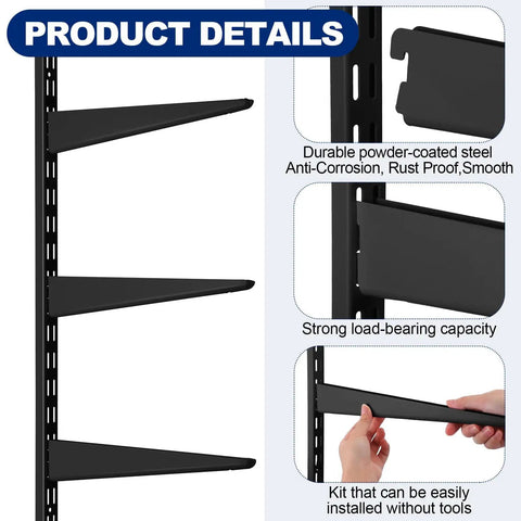 Product details of Black Twin Rail Wall Shelving System With Adjustable Twenty Five Inch Shelves And Eleven Point Five Inch Brackets