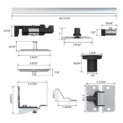 60 Inch Bifold Door Hardware Kit For Four Doors Top Mounted Sliding Barn Style Rails And Rollers with measurements.