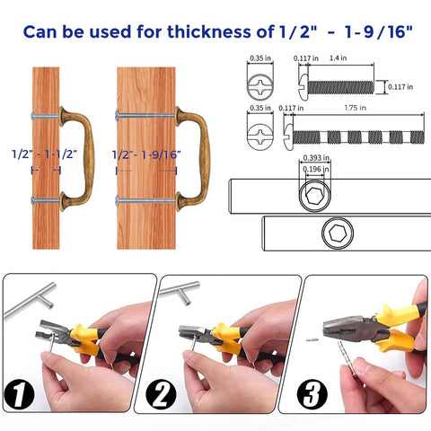 Installation guide for 20 Pack 3 Inch Antique Brass Cabinet Pulls Set with mounting screws, showcasing dimensions and usage steps.