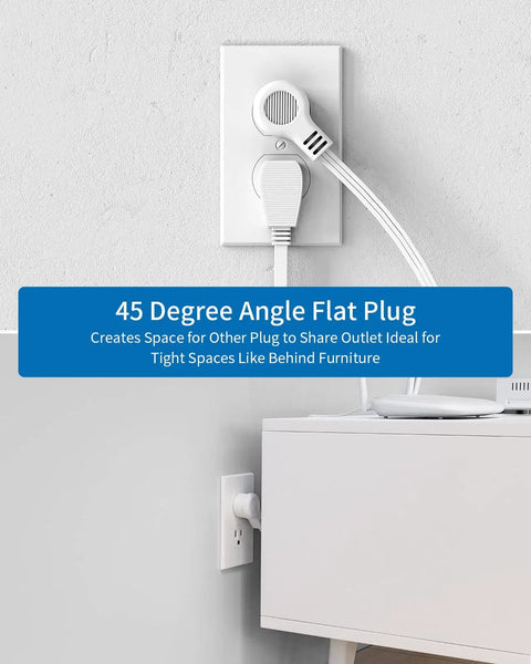 Ultra Thin 15 Ft Flat Extension Cord With 3 Outlets And 2 USB Ports, wall-mounted power strip behind furniture.