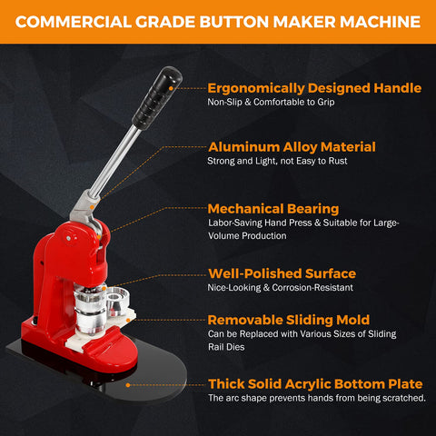 DIY Button Maker Kit 32mm Badge Press Machine with 1000 Button Blanks Circle Cutter shown with ergonomic handle