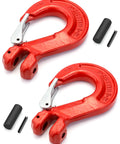 Clevis Slip Hook With Latch 1/2 Inch Two Pack, 6940 Lb Working Load Limit, Grade 80 Drop Forged Alloy Steel, red hooks.