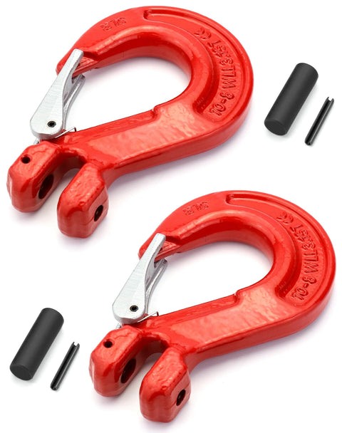 Clevis Slip Hook With Latch 1/2 Inch Two Pack, 6940 Lb Working Load Limit, Grade 80 Drop Forged Alloy Steel, red hooks.
