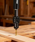 Close-up of 14 Piece Countersink Drill Bit Set With HSS Titanium Coated Bits For Woodworking being used on wood