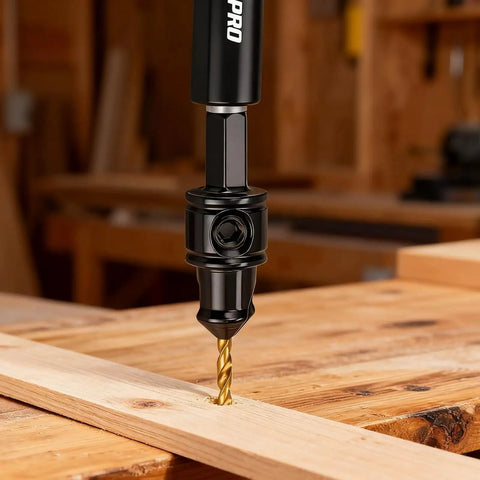 Close-up of 14 Piece Countersink Drill Bit Set With HSS Titanium Coated Bits For Woodworking being used on wood