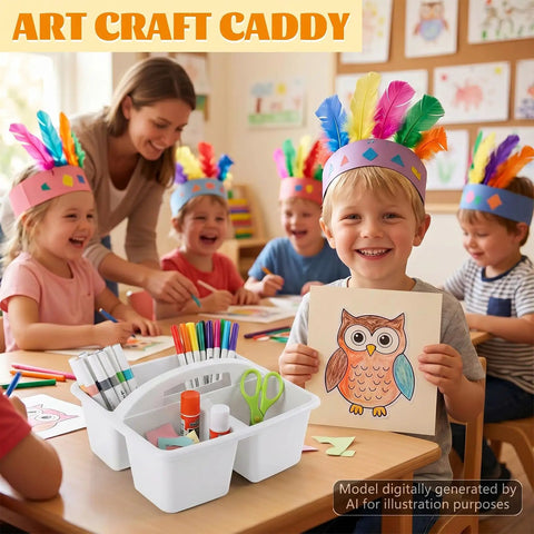 Six Pack Three Compartment Plastic Classroom Organizer With Handle White Caddy in classroom with kids doing arts and crafts
