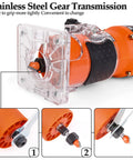 Router Tool 6.5 Amp Wood Router With One And A Quarter HP 30000 RPM Built For Woodworking with steel gear transmission details