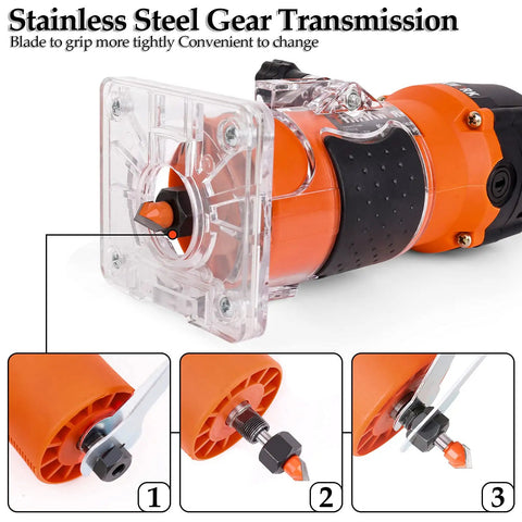 Router Tool 6.5 Amp Wood Router With One And A Quarter HP 30000 RPM Built For Woodworking with steel gear transmission details